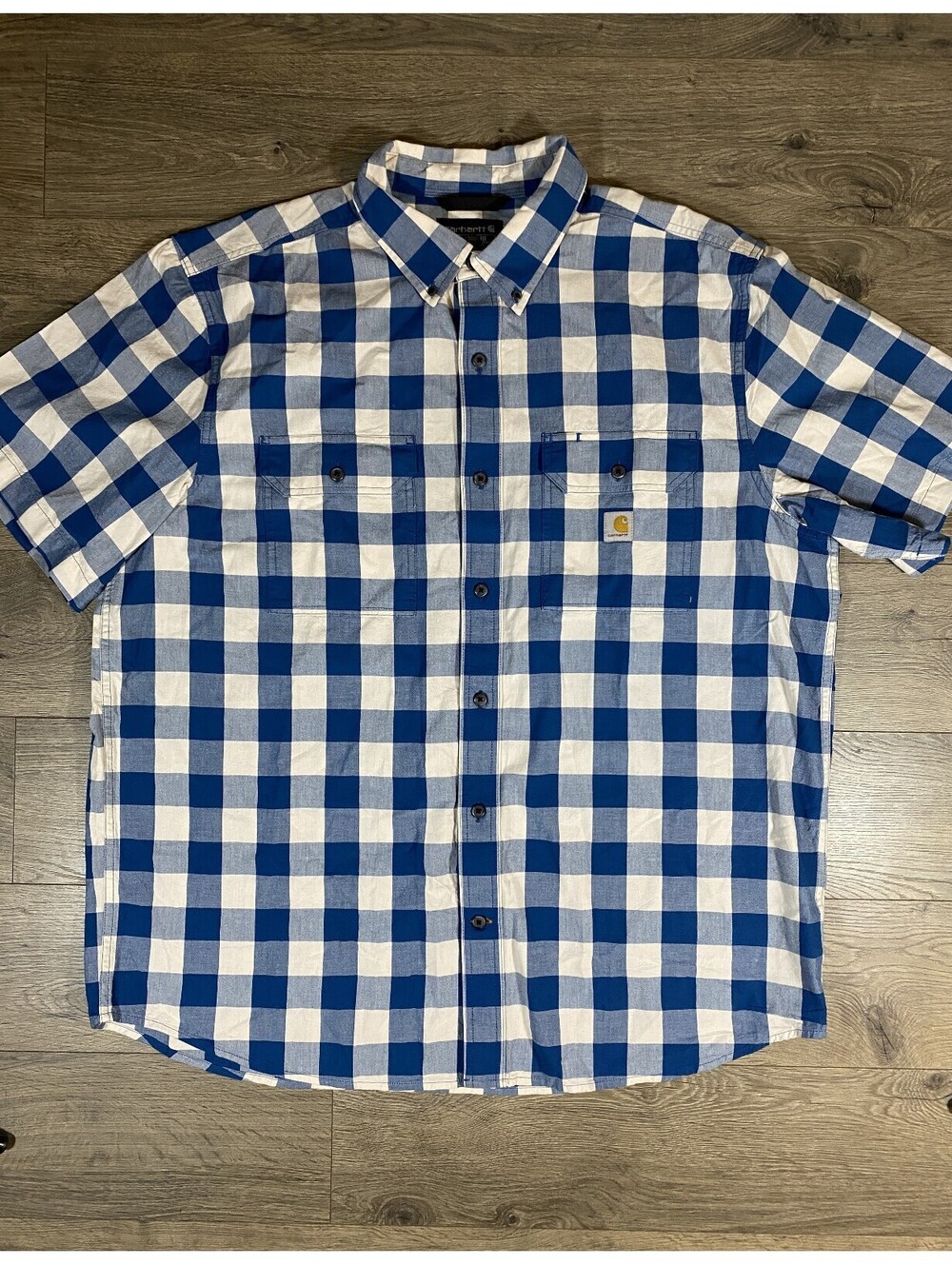 Carhartt Shirt Mens XL Loose Fit Blue White Plaid Short Sleeve Button Up